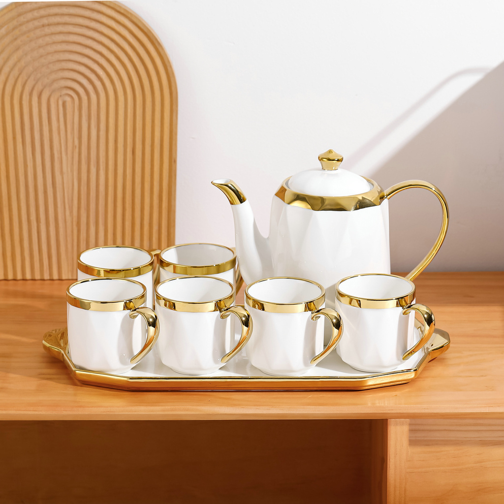 High quality gold lid color porcelain  coffee pot 6pcs ceramic cup and saucer luxury gift sets tea and coffee set