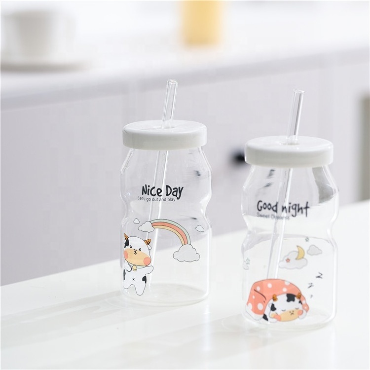 350ML Lovely Design Animals Decals Kids Gift Juice Water Milk Cute Personalized Mug Glass Cup With Lid Straw