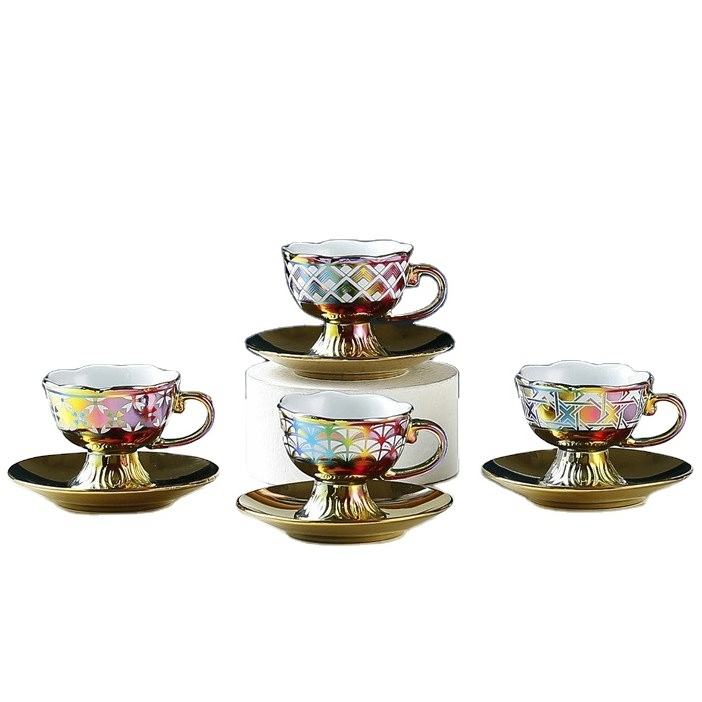 New item ceramic gold luxury turkish coffee sets arabic 6pcs tea cup & saucer set with gift box