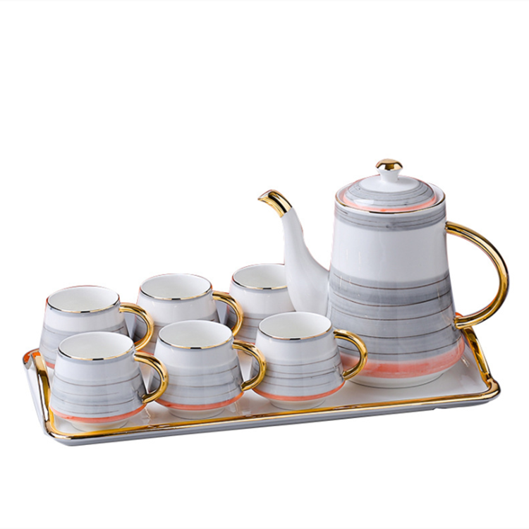 Modern Teatime Coffee Tea Cup Set 6 Cups Gold Rim Rroyal Luxury Ceramic Teapot Set With Tray