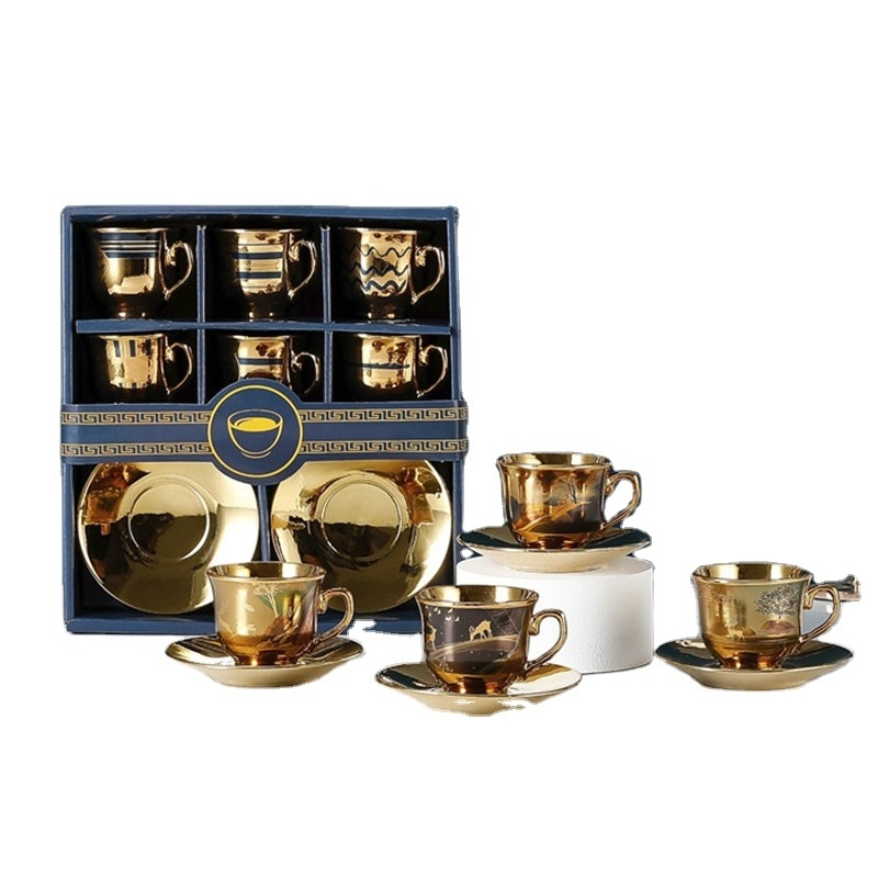 Wholesale ceramic arabic style turkish coffee cup and saucer set of 6 gift box