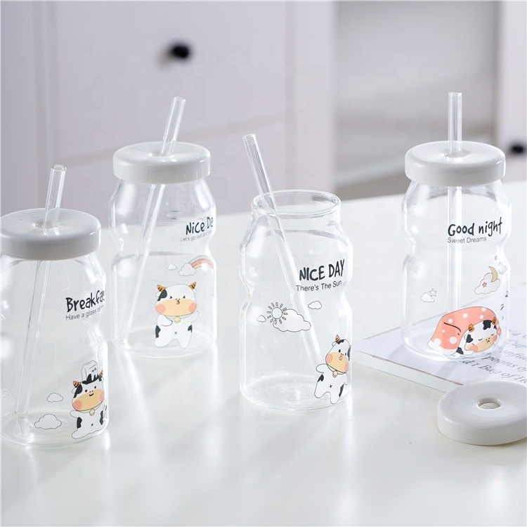 350ML Lovely Design Animals Decals Kids Gift Juice Water Milk Cute Personalized Mug Glass Cup With Lid Straw