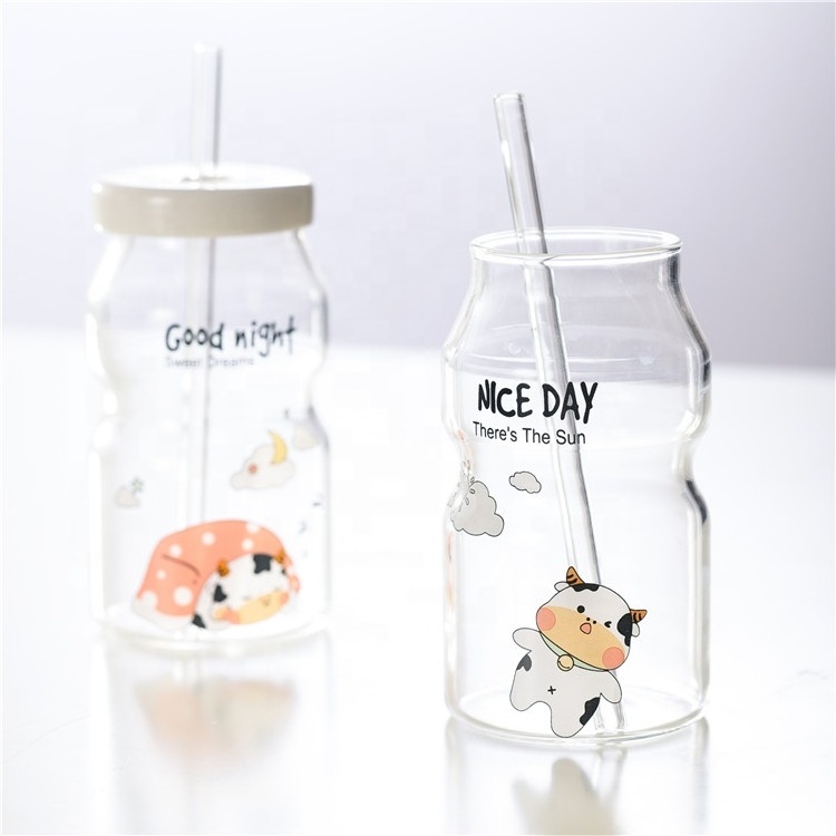 350ML Lovely Design Animals Decals Kids Gift Juice Water Milk Cute Personalized Mug Glass Cup With Lid Straw