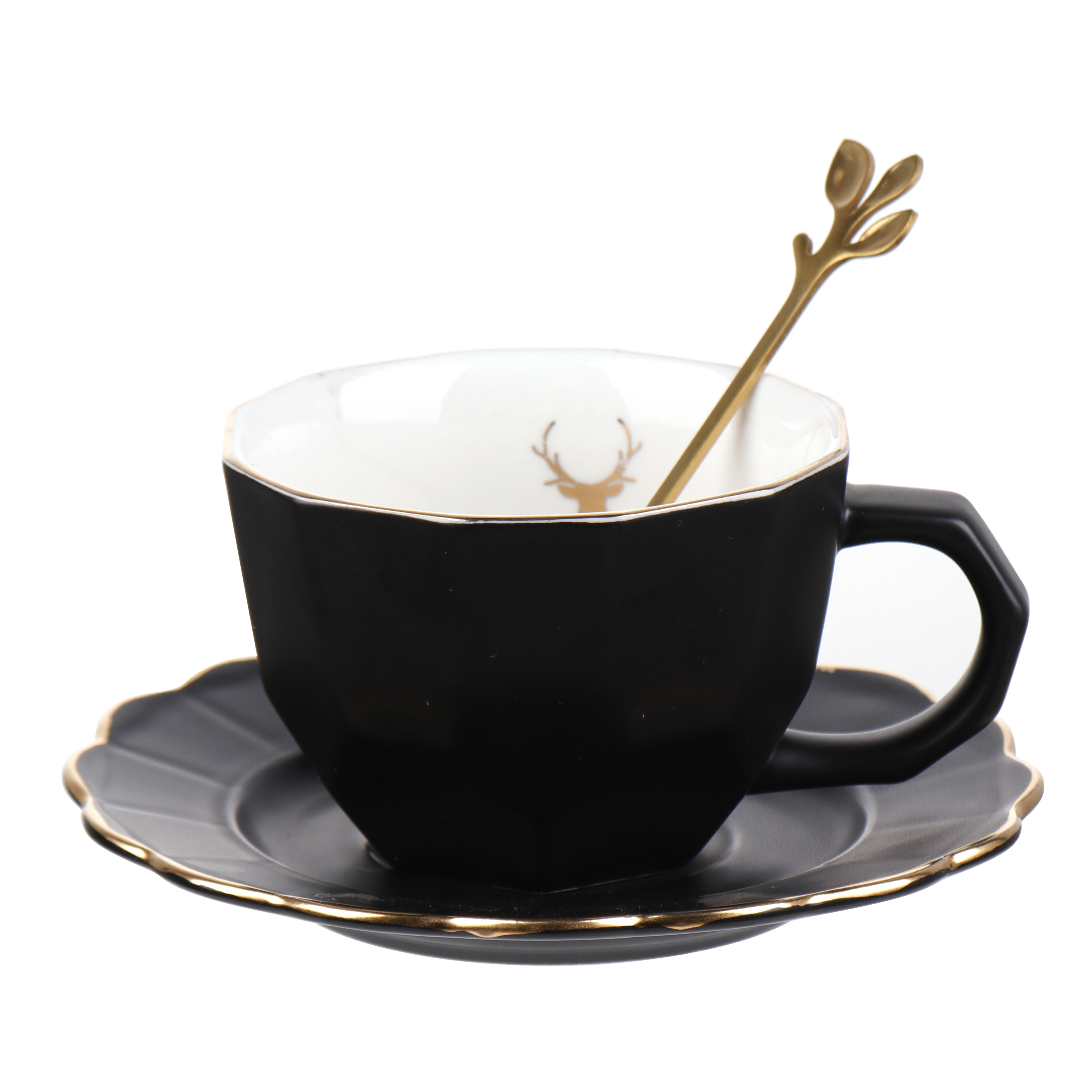 Newest 200ml White Black Ceramic Flower Coffee Cups Gold Rim Porcelain Cappuccino Cup Saucer Set