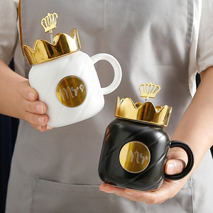 Valentine's Couple Embossed Line Mug Special Design MR MRS Crown White Black Edible Reusable Ceramic Coffee Cup