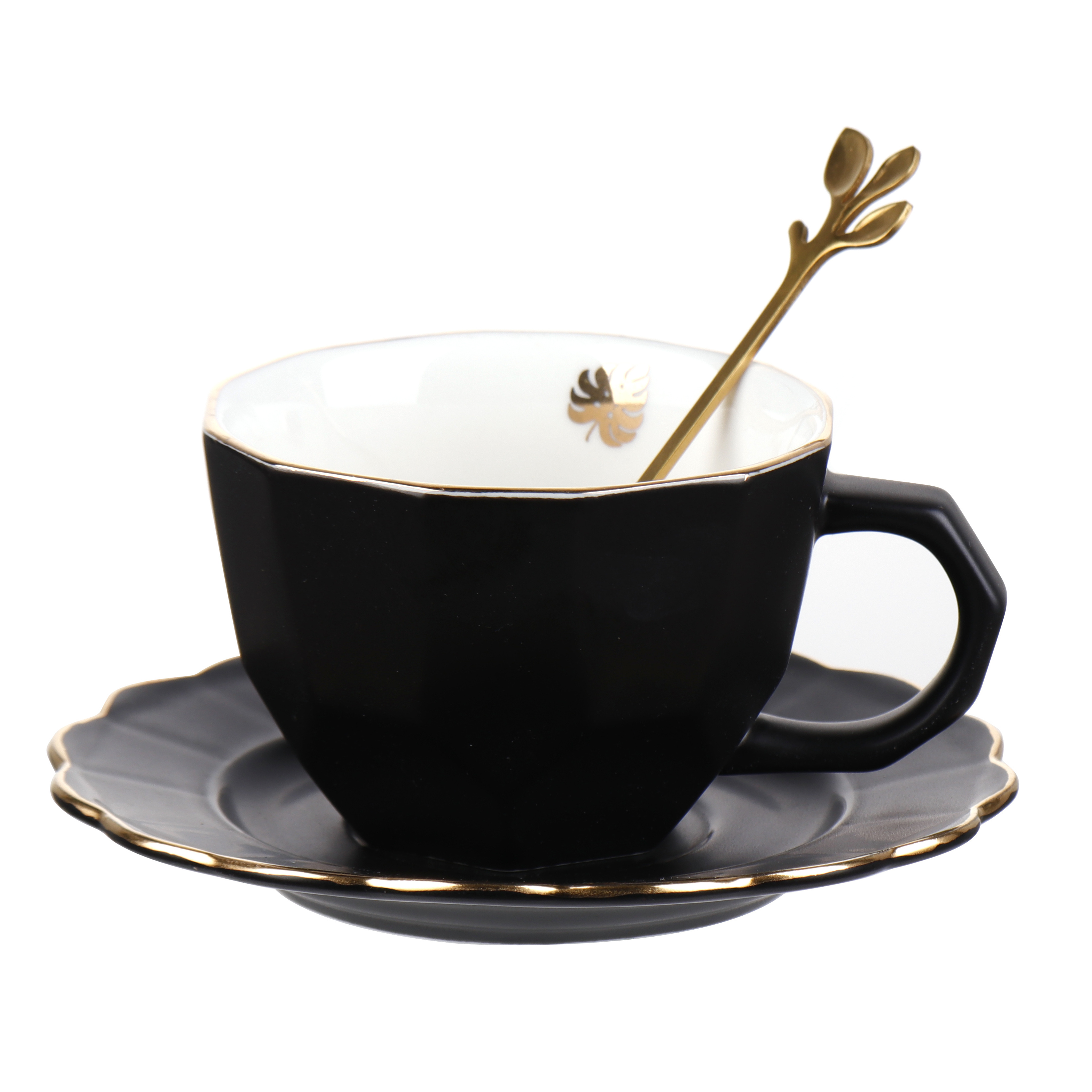 Newest 200ml White Black Ceramic Flower Coffee Cups Gold Rim Porcelain Cappuccino Cup Saucer Set