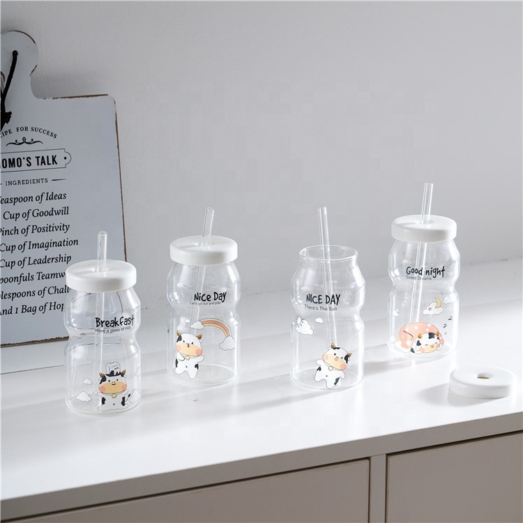 350ML Lovely Design Animals Decals Kids Gift Juice Water Milk Cute Personalized Mug Glass Cup With Lid Straw