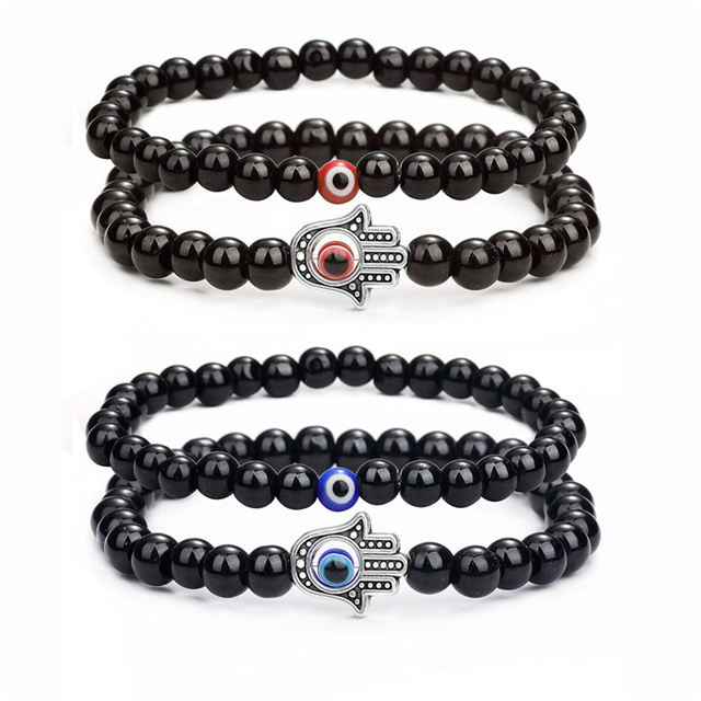 2pc Amulet Nazar Evil Blue Eye Palm Charm Natural Stone Howlite Beaded Bracelets for Women Men