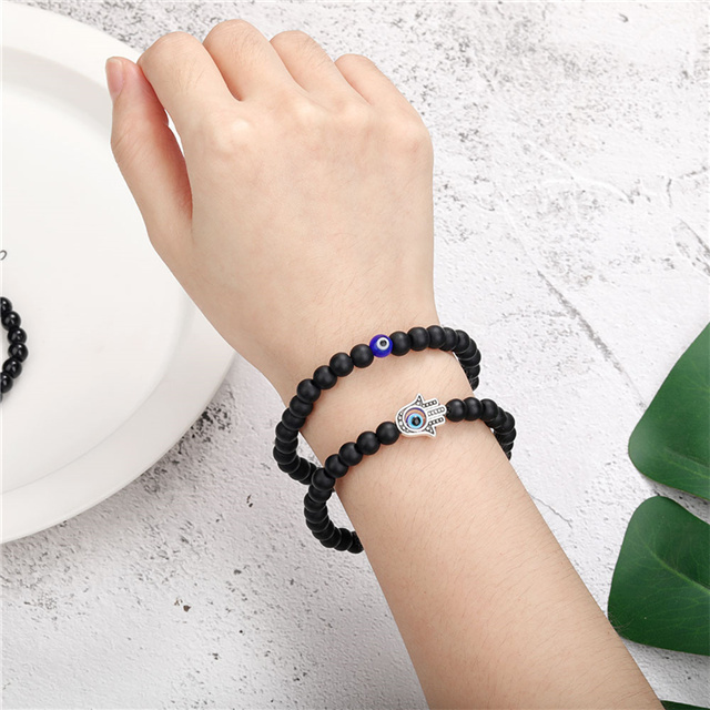 2pc Amulet Nazar Evil Blue Eye Palm Charm Natural Stone Howlite Beaded Bracelets for Women Men