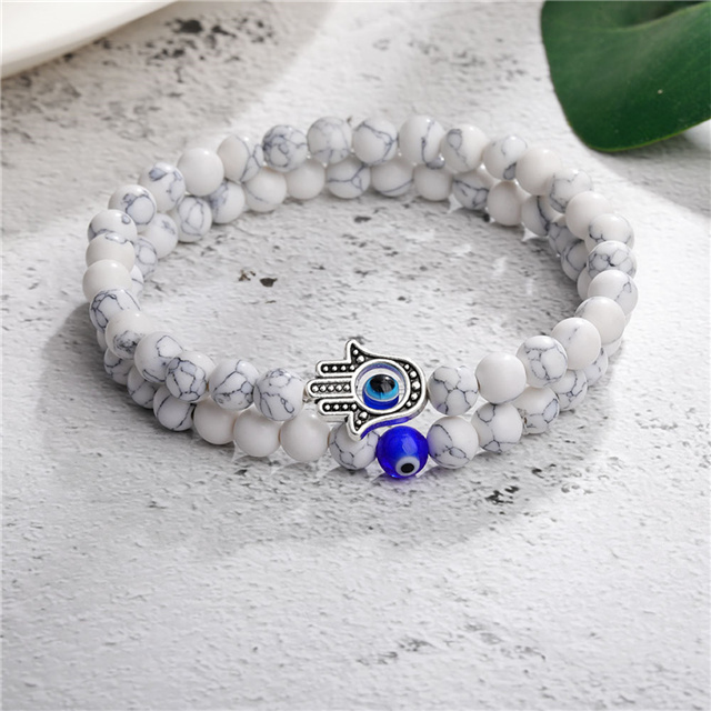 2pc Amulet Nazar Evil Blue Eye Palm Charm Natural Stone Howlite Beaded Bracelets for Women Men