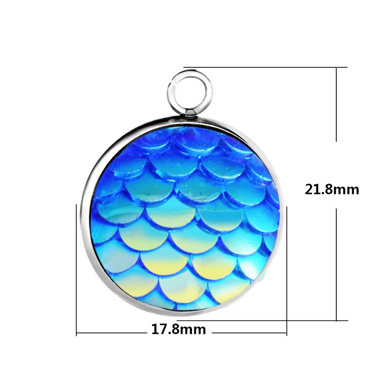 16mm Jewelry Making Stainless Steel Resin Fish Scales Mermaid Pendant Round Charm For Necklace And Bracelets