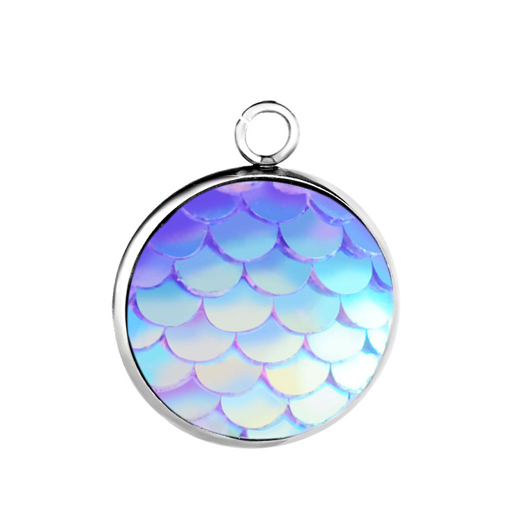 16mm Jewelry Making Stainless Steel Resin Fish Scales Mermaid Pendant Round Charm For Necklace And Bracelets