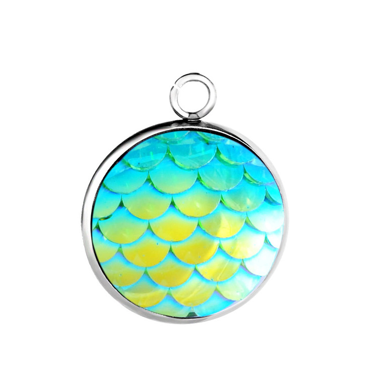 16mm Jewelry Making Stainless Steel Resin Fish Scales Mermaid Pendant Round Charm For Necklace And Bracelets