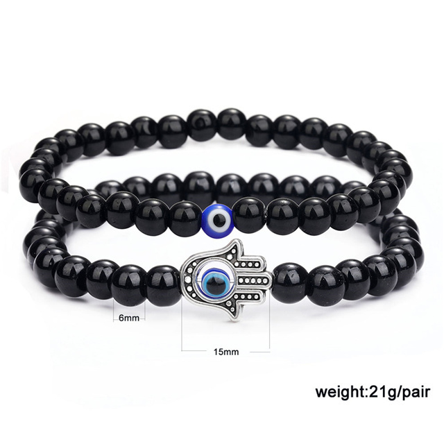 2pc Amulet Nazar Evil Blue Eye Palm Charm Natural Stone Howlite Beaded Bracelets for Women Men