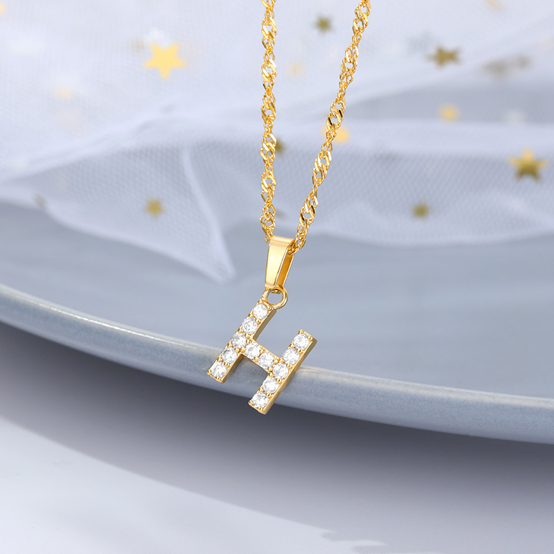 Retro Accessories Initial Zircon Water Wave Chain Pendant Stainless Steel Chain Necklace for Women