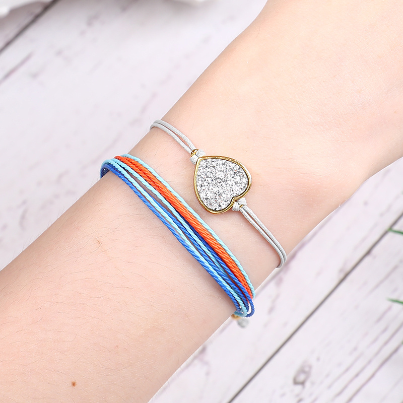 handmade jewelry women unique stainless steel jewelry DIY heart druzy charms bracelet woven rope friendship bracelet