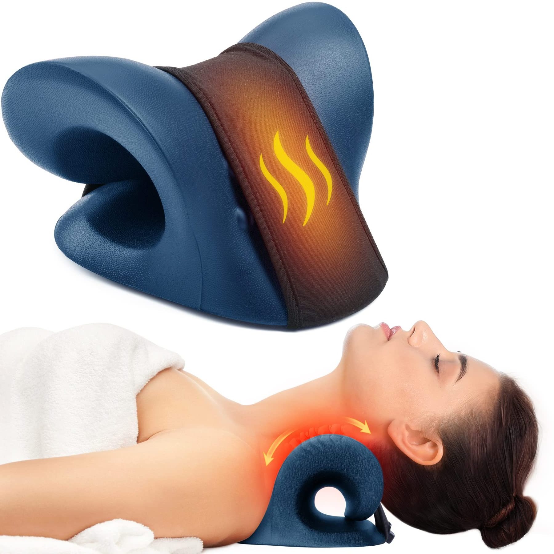 Neck Stretcher for Neck Pain Relief, Heated Cervical Traction Device with Graphene Heating Pad, Neck &Shoulder Massage Pillow