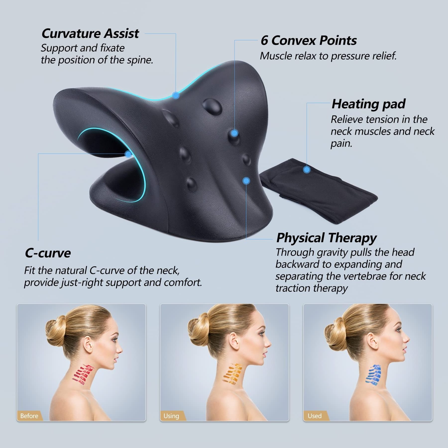 Neck Stretcher for Neck Pain Relief, Heated Cervical Traction Device with Graphene Heating Pad, Neck &Shoulder Massage Pillow