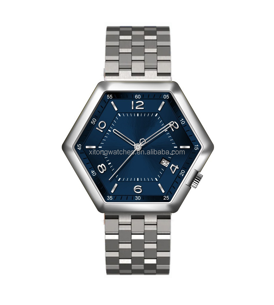 Fashion hexagon Stainless Steel Case Japan Quartz Movement Men's Wrist Watch