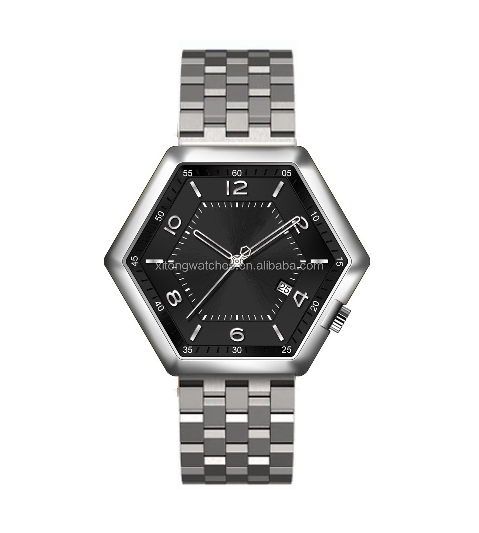 Fashion hexagon Stainless Steel Case Japan Quartz Movement Men's Wrist Watch