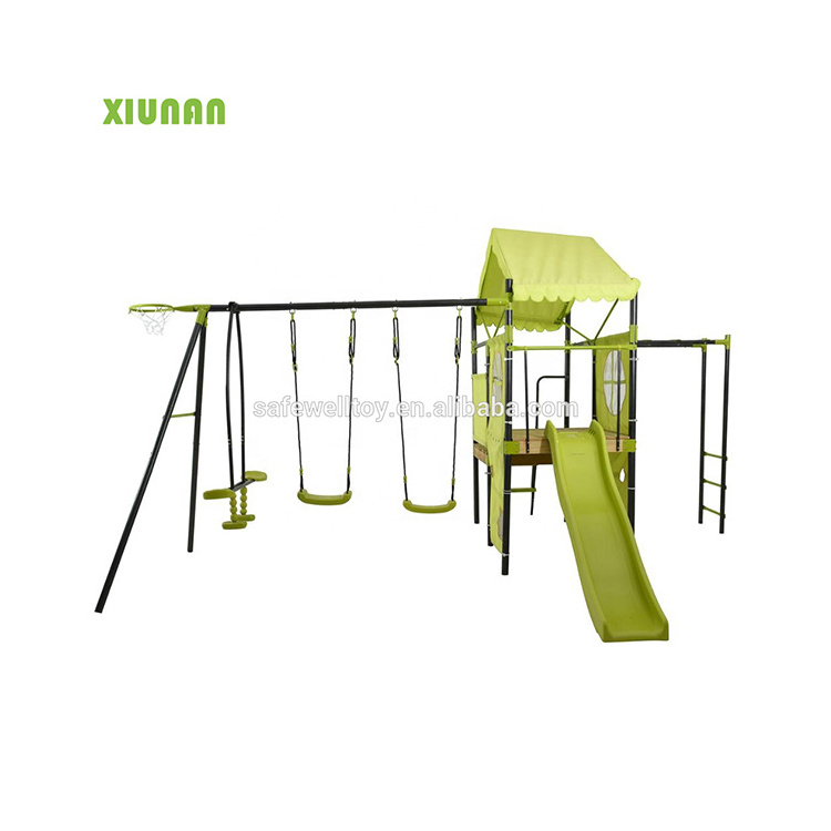 outdoor Children Metal Playground Climbing frame kids Swing set With Plastic Slide and wooden