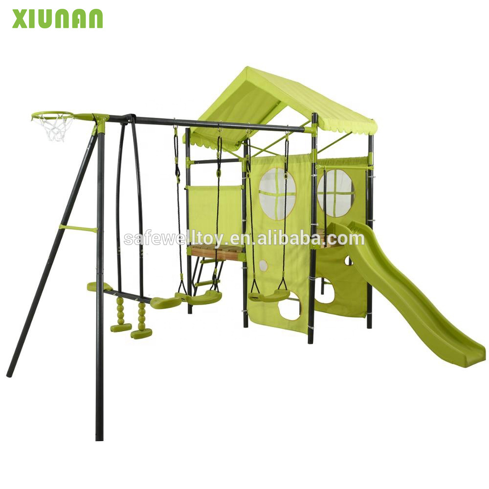 outdoor Children Metal Playground Climbing frame kids Swing set With Plastic Slide and wooden