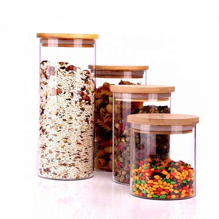 Airtight food storage glass tea caddy canister with wood lid sealsglass jar with wooden cover