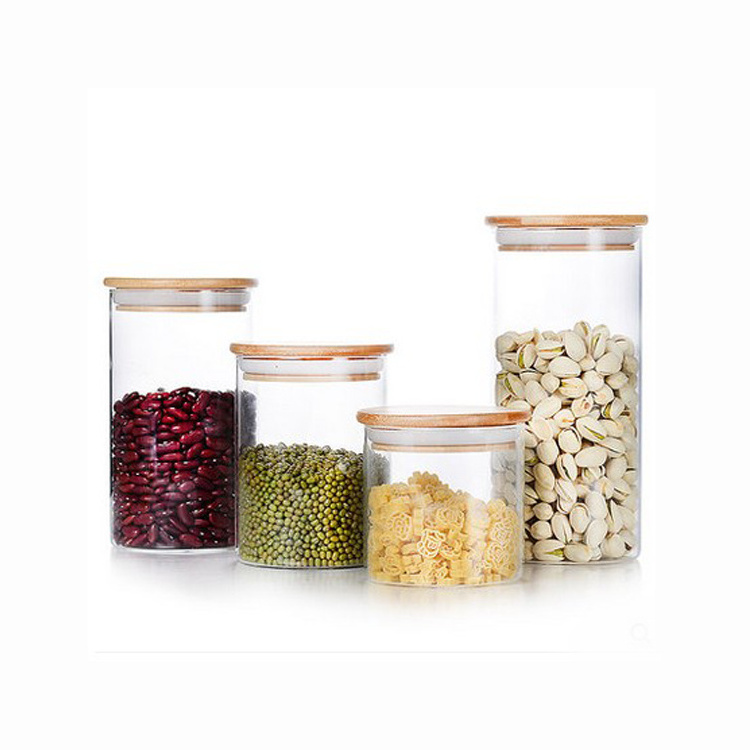 Airtight food storage glass tea caddy canister with wood lid sealsglass jar with wooden cover