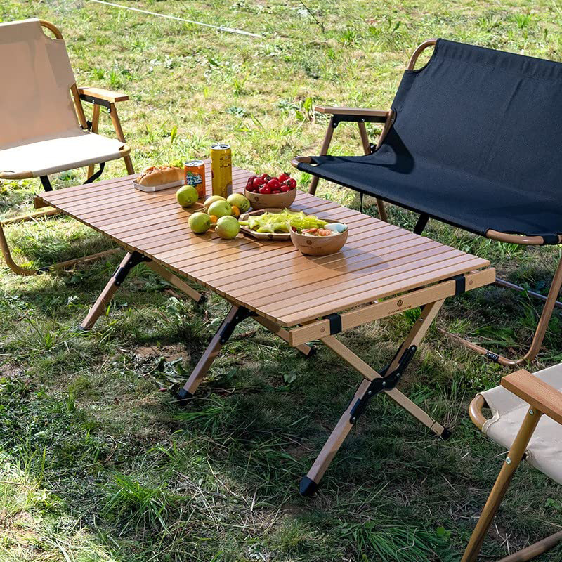 Camping Picnic Table Egg Roll Folding Table Camping Foldable Aluminum Wooden Oxford Cloth Looking Roll up Retro Outdoor 20pcs