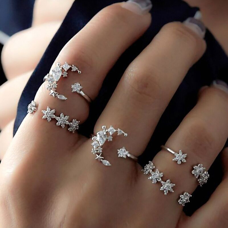 Bohemian Vintage Wedding Festival Stars Moon Wholesale Luxury Rhinestone Crystal Stainless Steel Jewelry Ring Set For Women