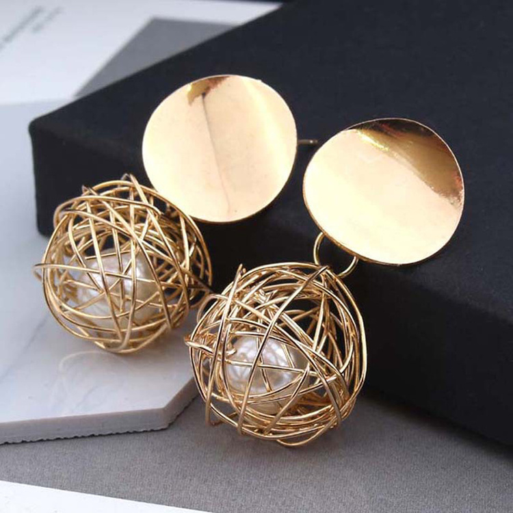 Korean fashion vintage christmas simple gold geometric weaving ball pearl jewelry drop stud earrings for women accessories