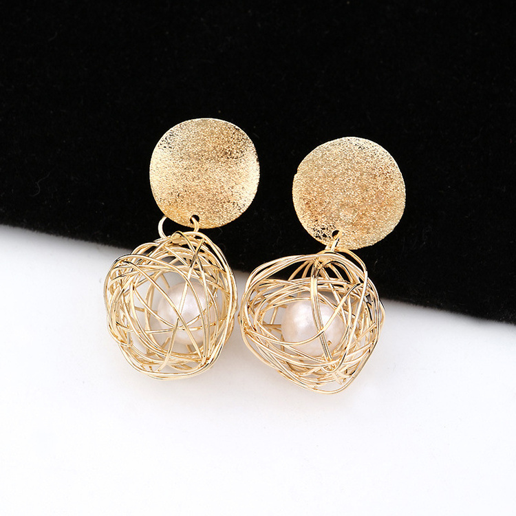 Korean fashion vintage christmas simple gold geometric weaving ball pearl jewelry drop stud earrings for women accessories