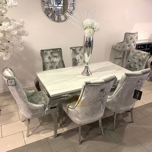 Dining room furniture silver stainless steel metal frame marble dining table grey dining tables with 6 chairs