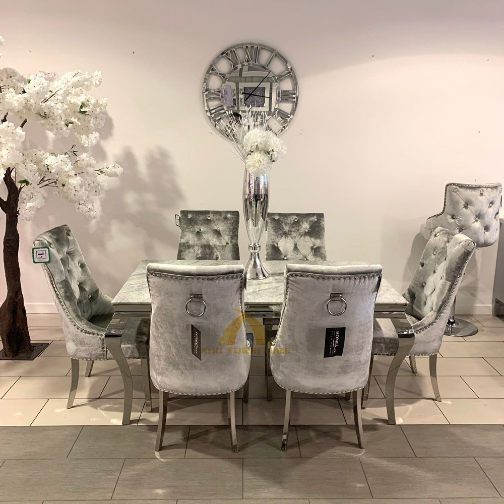 Dining room furniture silver stainless steel metal frame marble dining table grey dining tables with 6 chairs