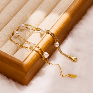 Korean bracelet gold filled beads with water pearl double layered adjustable  link chain pearl bracelets for women