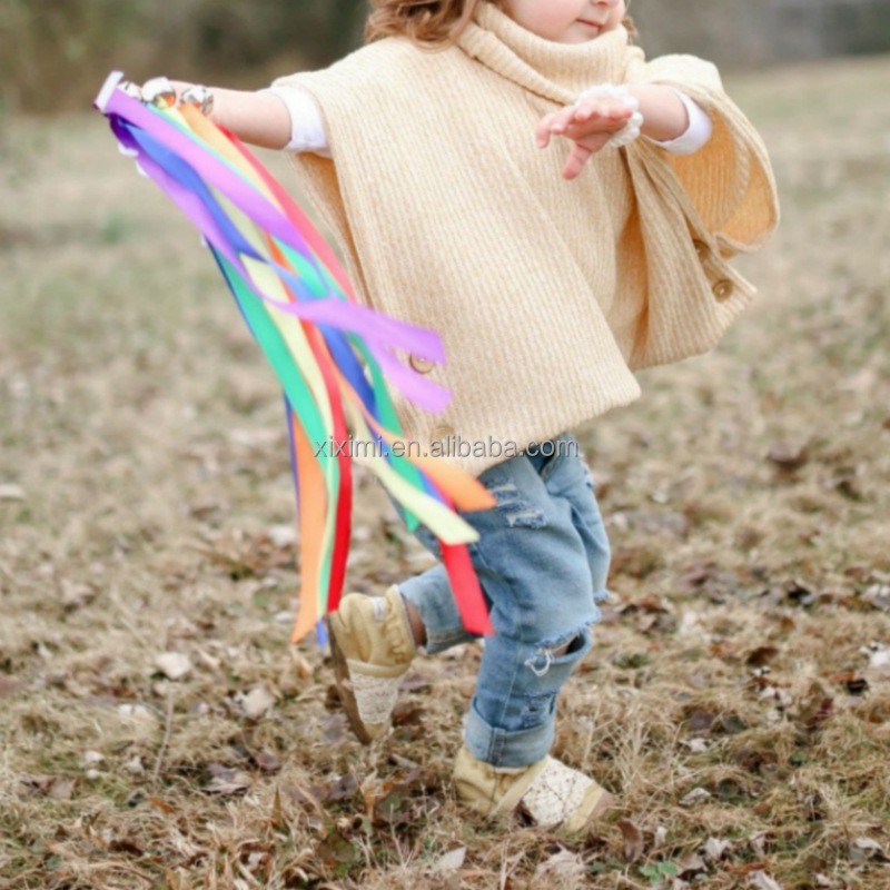 Hot Sale Rainbow Hand Kite Ribbon Runner Wrist Wind Wand Dancing Ribbon Streamer with Wood Ring Learning Educational Sensory Toy