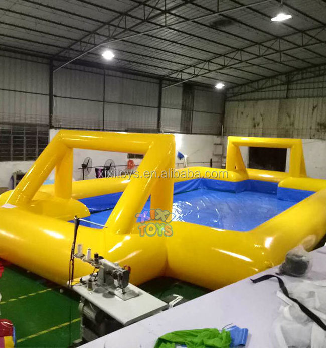 Interactive inflatable football field no floor, Kids inflatable soccer pitch with net wall border