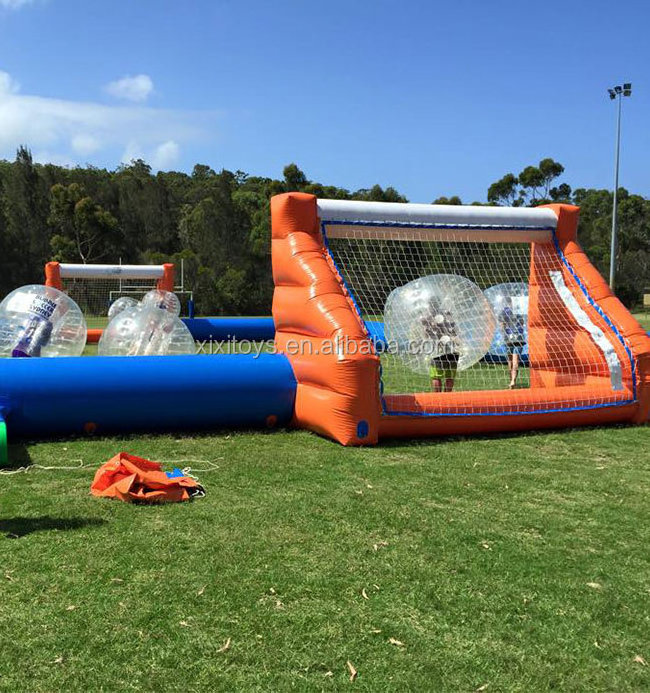 Interactive inflatable football field no floor, Kids inflatable soccer pitch with net wall border