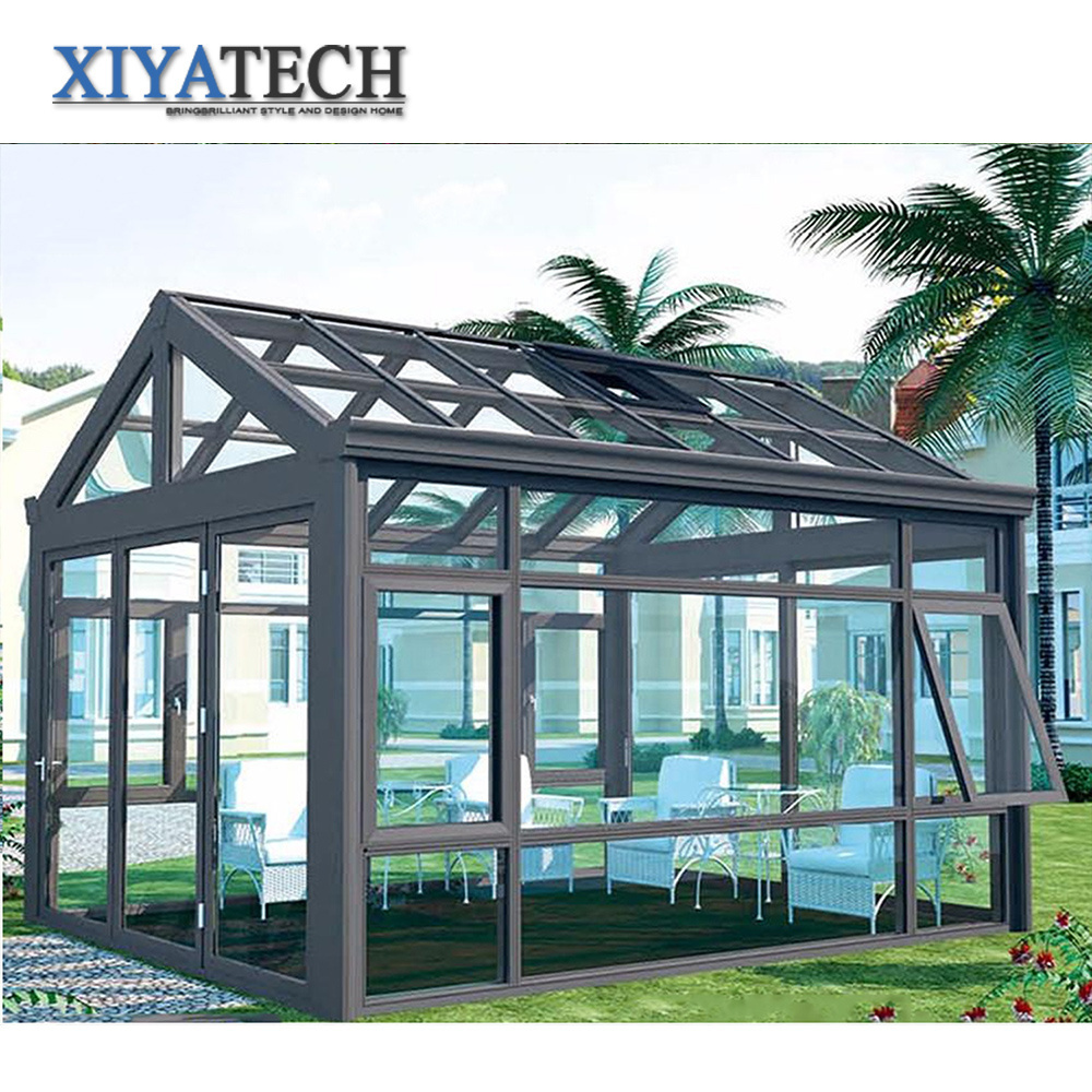 XIYATECH Retractable Roof Glass Sunroom Bioclimatic Pergola Aluminum Louvre Shade With Glass Wall System