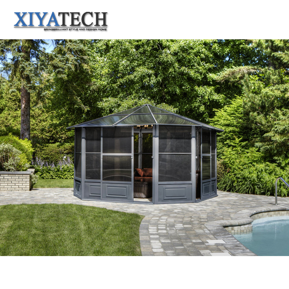 XIYATECH Retractable Roof Glass Sunroom Bioclimatic Pergola Aluminum Louvre Shade With Glass Wall System