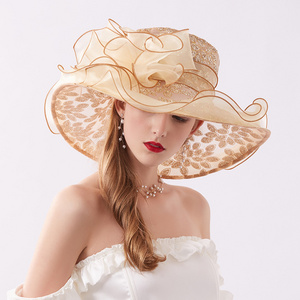 New Big brim Mesh Hot Diamond Flower Beach Sunshade Hat Formal Banquet Women Church Hats Wholesale Top Hat