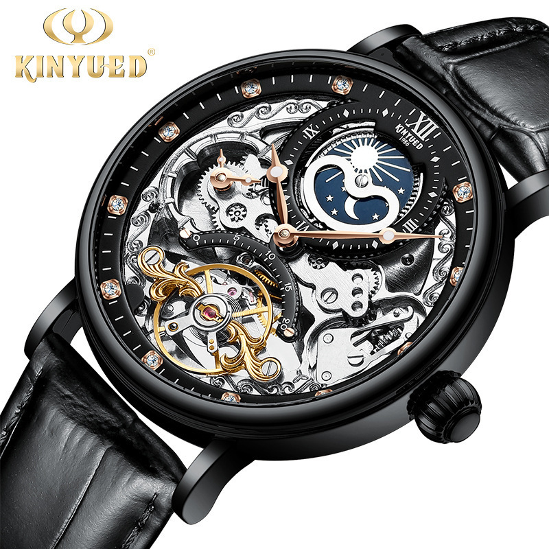 KINYUED Fully Automatic Mechanical Watch Fashion Men's Hollow out Watch Dual Time Zone Multi functional Men's Watch