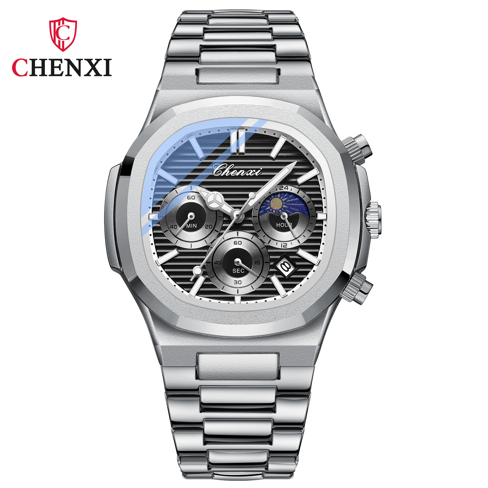 Direct sales chenxi polygonal stripe design lunar phase timing dial six needle quartz watch men classic elegant