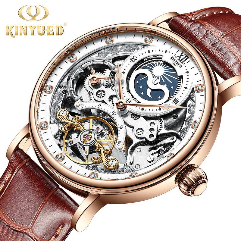 KINYUED Fully Automatic Mechanical Watch Fashion Men's Hollow out Watch Dual Time Zone Multi functional Men's Watch