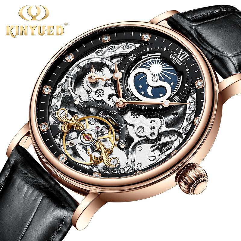 KINYUED Fully Automatic Mechanical Watch Fashion Men's Hollow out Watch Dual Time Zone Multi functional Men's Watch