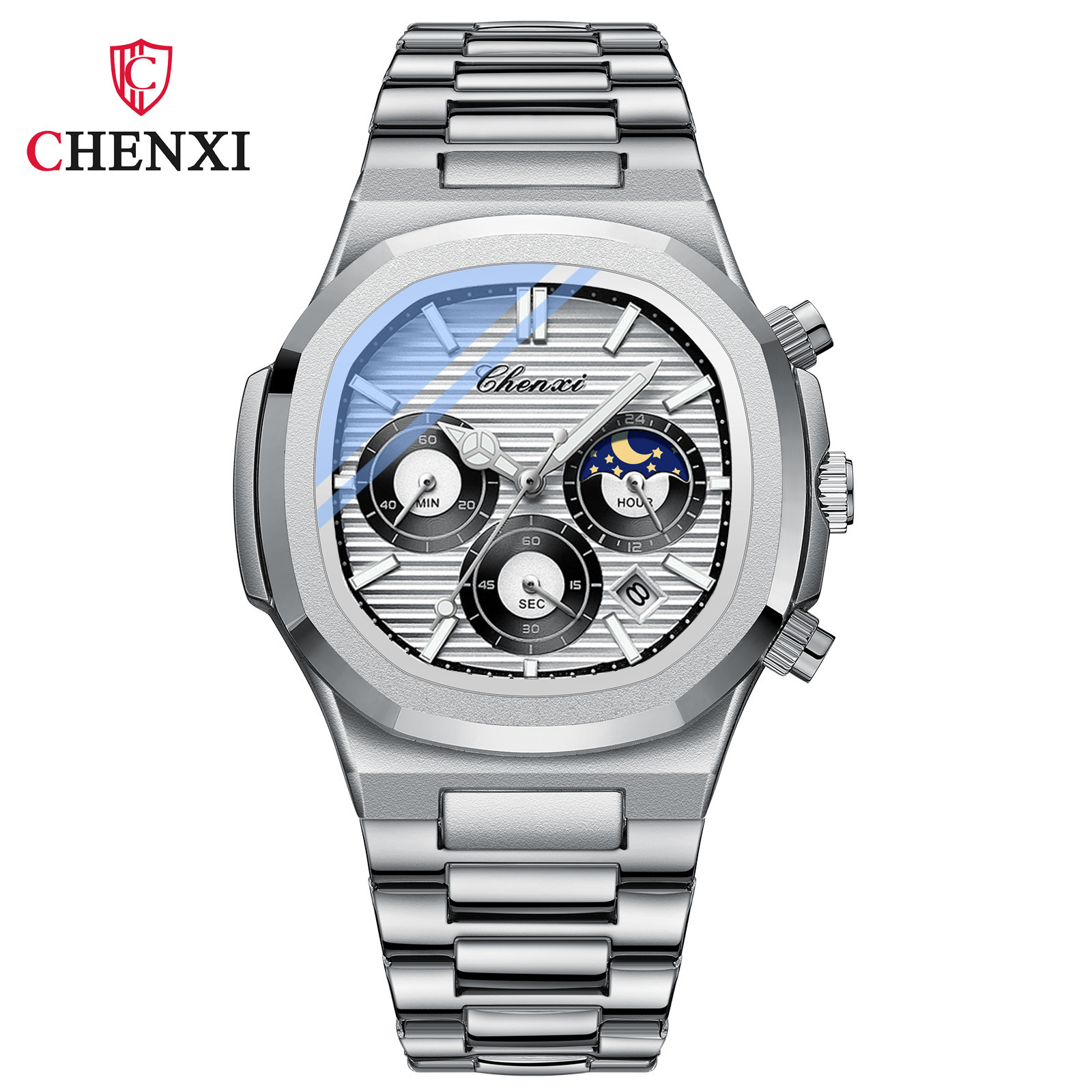 Direct sales chenxi polygonal stripe design lunar phase timing dial six needle quartz watch men classic elegant