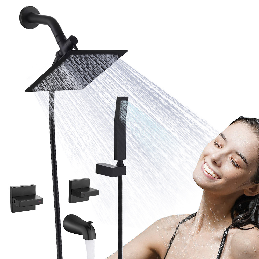 Electric thermostatic black shower brass hose kits concealed square water luxury shower mixer set faucet for bathroom