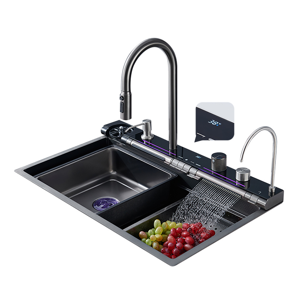 Luxury stainless steel Led display handmade kitchen sink set smart waterfall multifunction undermount 304 bowl kitchen sink