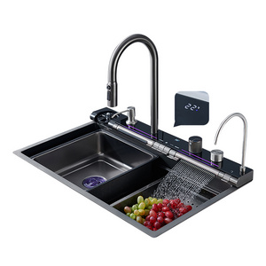 Luxury stainless steel Led display handmade kitchen sink set smart waterfall multifunction undermount 304 bowl kitchen sink