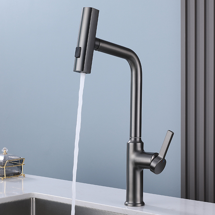 2024 Modern New Design Grey Rainfall Waterfall Tap Stainless Steel 304 Kitchen Sink Faucets with Pull Out Spray Mixer Rain Spray